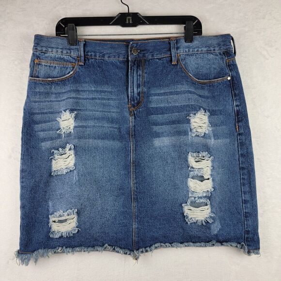 Iris Denim Jean Skirt Size 1X Stretch Distress Dark Wash Y2K Retro Western - Picture 1 of 6